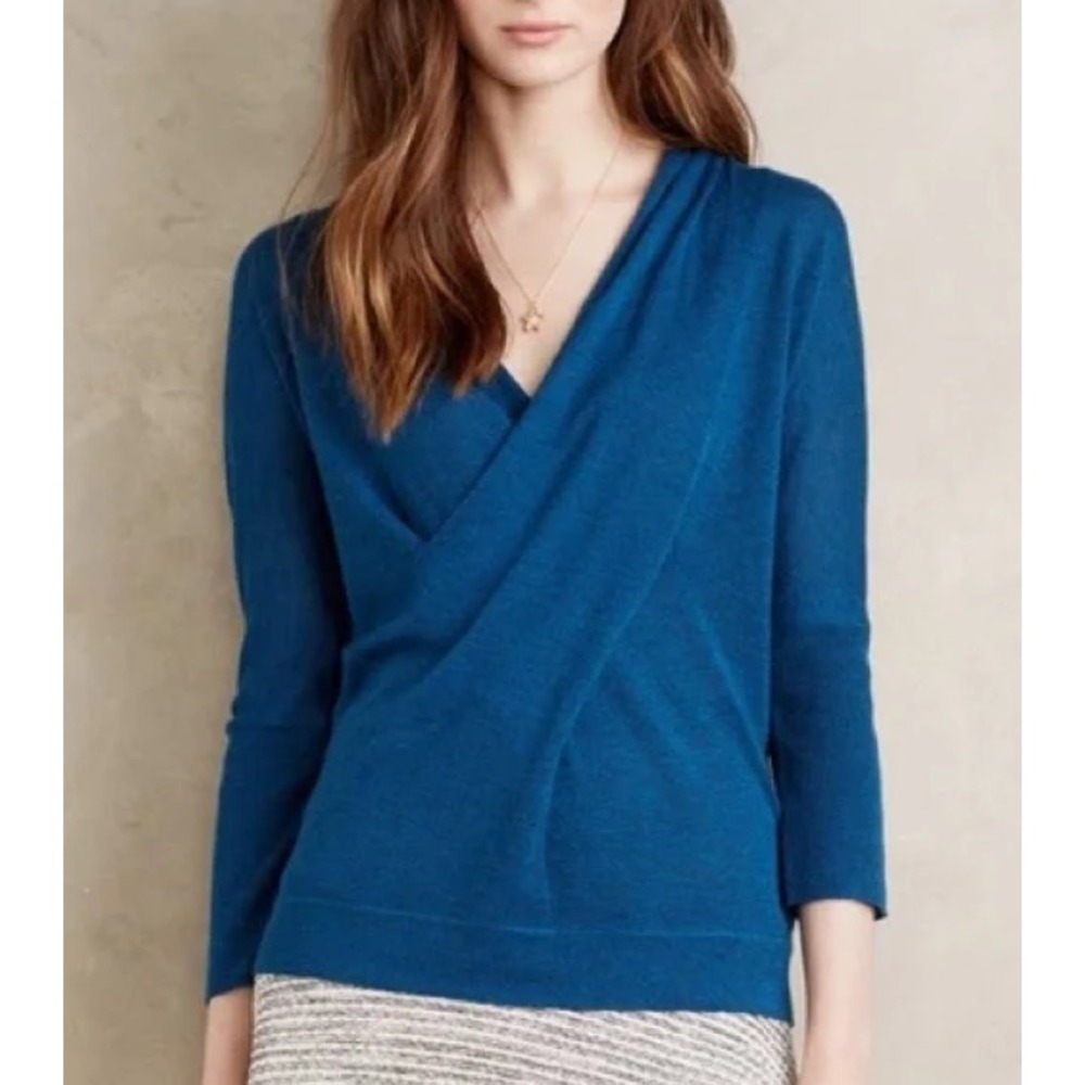 Anthropologie Knitted & Knotted Sweater Womens Seren Blue Wrap Size Medium